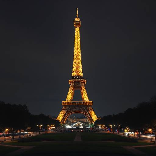 La Tour Eiffel illuminée la nuit, vue depuis le Champ de Mars à Paris, France.