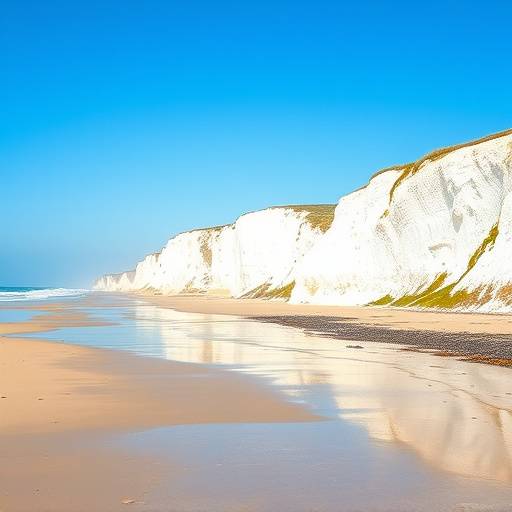 Plage de Normandie avec des falaises blanches et la mer en arrière-plan, France.