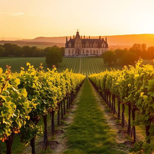 Vignobles verdoyants à Bordeaux, France, avec des châteaux en arrière-plan.